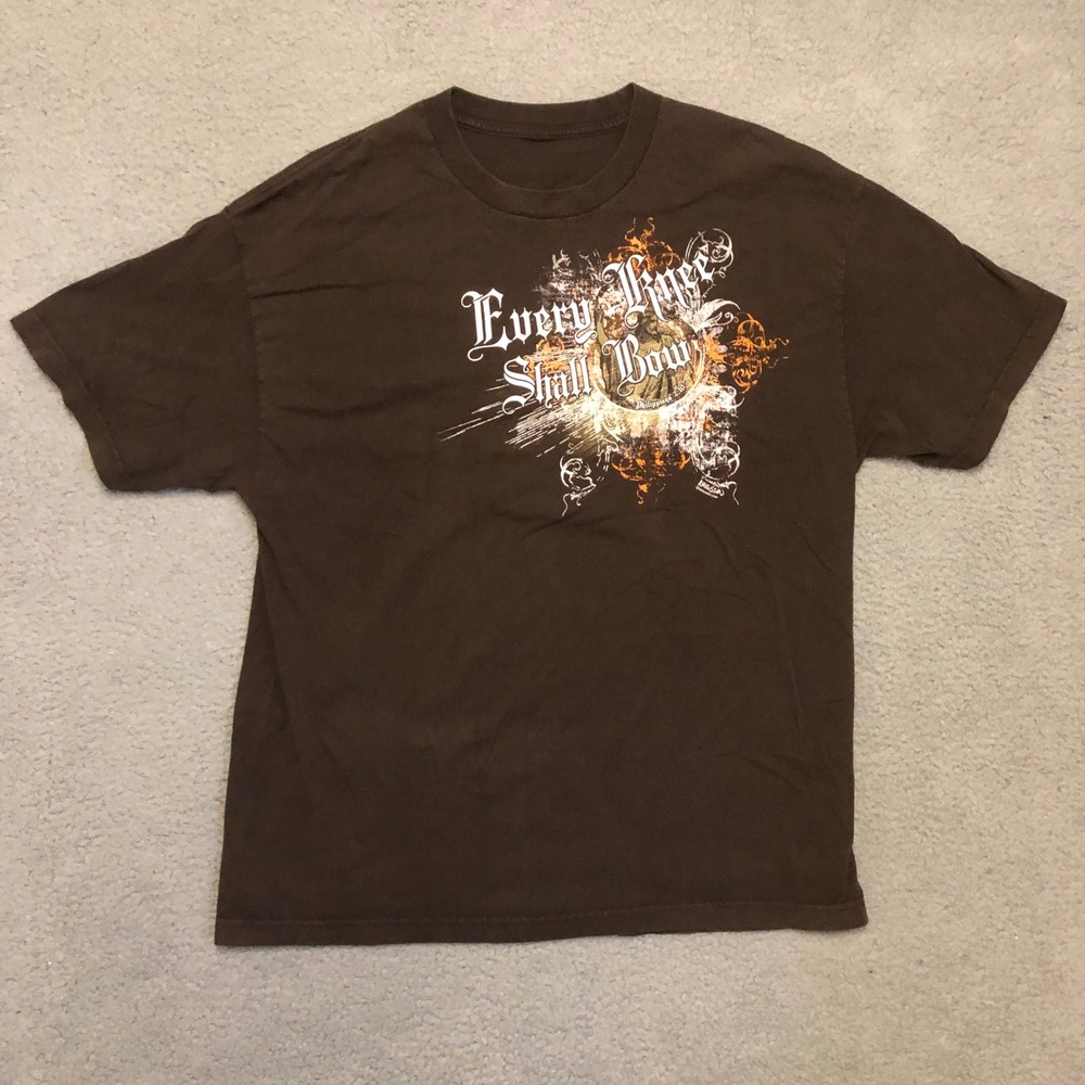 vtg 2000s Kerusso Every Knee Shall Bow Jesus Christian T Shirt Brown XL Mens